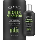 Mokita Naturals Hair Shampoo bottle pour shows volumizing effect for thinning hair.