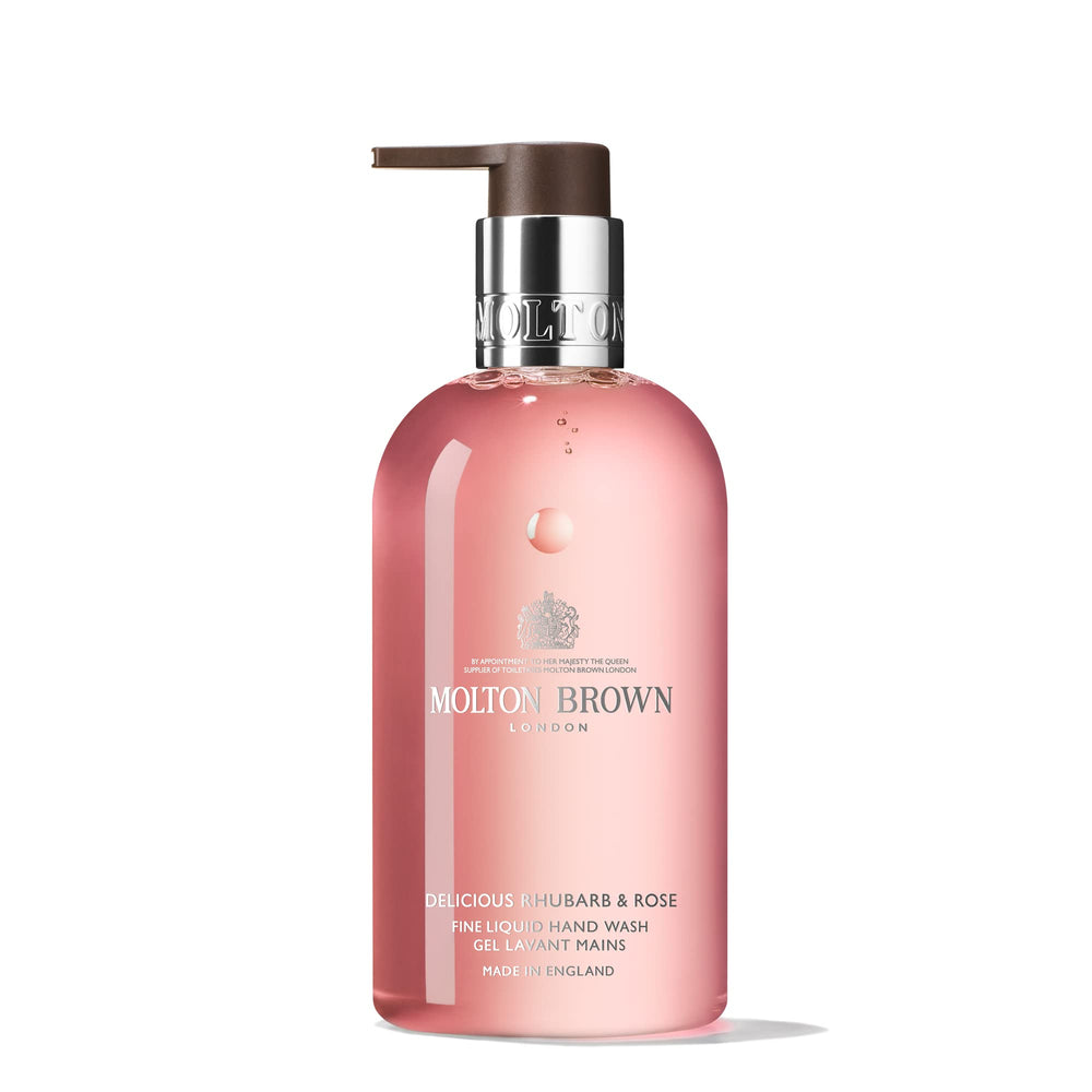 Molton Brown Delicious Rhubarb & Rose hand wash with floral-fruity scent for daily cleansing.