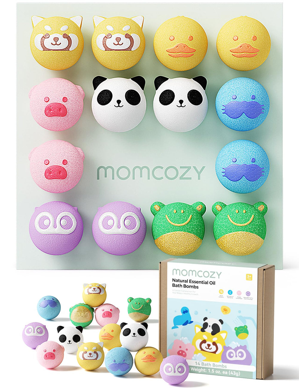 Momcozy animal bath bombs gift box showcases seven shapes for unboxing joy.