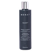 MONAT Black Shampoo bottle pour demonstrates the 2-in-1 cleanse and condition.