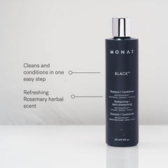 MONAT Black Shampoo label closeup shows a natural, vegan, sulfate-free formula.