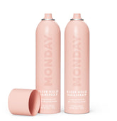 MONDAY HAIRCARE SLEEK HOLD, botella de spray, fijación duradera sin residuos pegajosos.