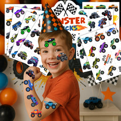 Monster Truck Tattoos with perforated edges simplify party prep and tear-out.