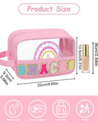 MONSTINA clear makeup travel bag showing embroidered patch and clean design.