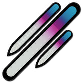 Mont Bleu premium glass nail file trio in rainbow colors housed in a pouch for durable shaping.