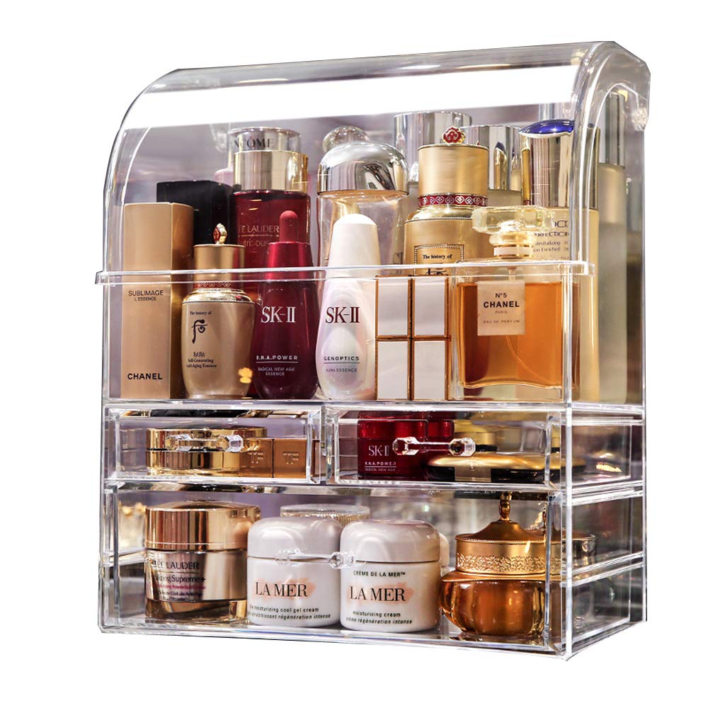MOOCHI clear professional organizer with drawers showcases cosmetics neatly on a vanity.