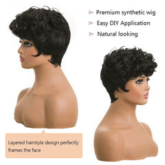 Moonshow short pixie wig natural black top curls close-up