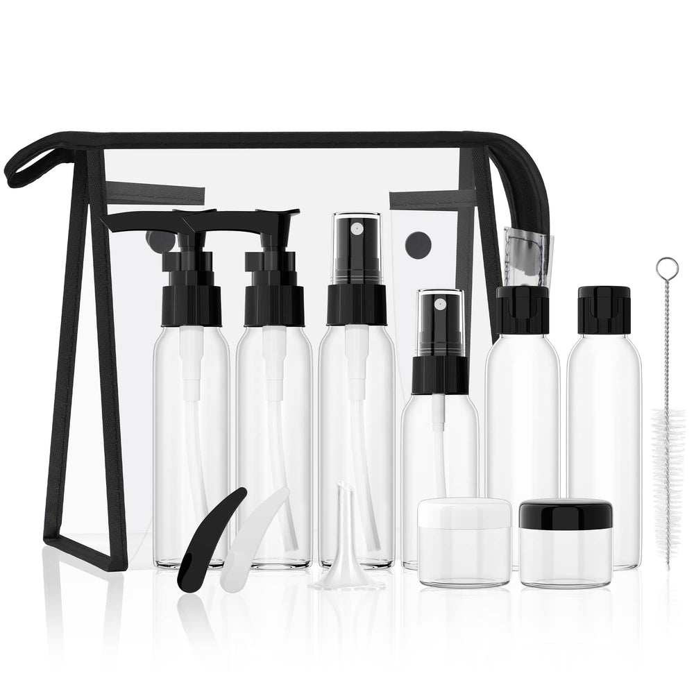 Morfone travel bottles kit with leak-proof pumps for secure on-the-go toiletries.