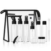 Morfone travel bottles kit with leak-proof pumps for secure on-the-go toiletries.
