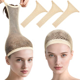 MORGLES beige wig cap on head with open-end design for breathable long-hair support.