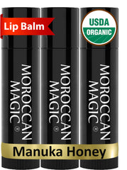Moroccan Magic lip balm tubes shown for convenient hydration on the go.