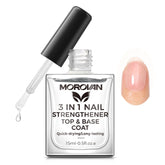 Morovan Base Coat bottle close-up showing 3-in-1 nail treatment benefits