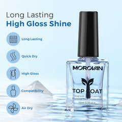 Morovan clear top coat brush-application with quick-dry action for a crisp manicure.