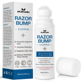 Morovan razor bumps serum bottle shown for smoother skin after shaving.