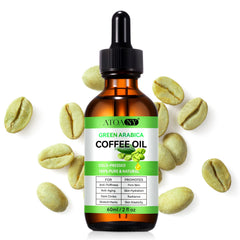 Moulis Green Coffee Oil bottle targets facial puffiness and smoother skin.
