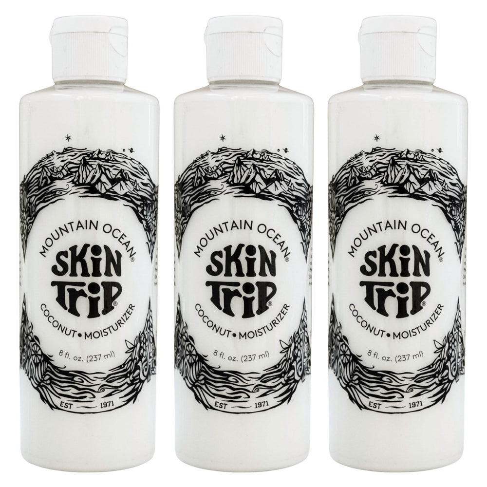 Mountain Ocean Skin Trip coconut lotion bottle demonstrates lightweight daily hydration for the skin