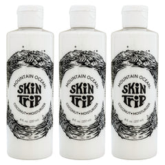 Mountain Ocean Skin Trip coconut lotion bottle demonstrates lightweight daily hydration for the skin