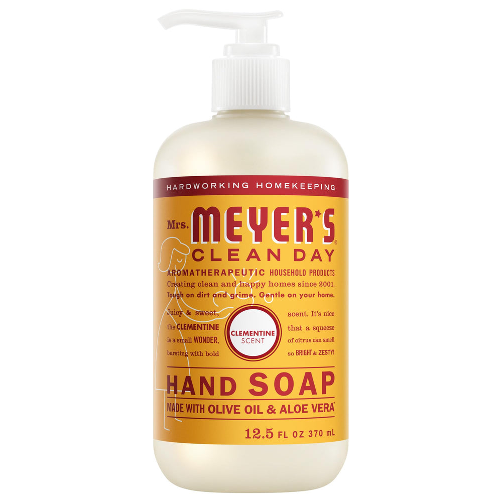 Mrs. Meyer’s Clean Day hand soap bottle shows Clementine scent and gentle cleansing.