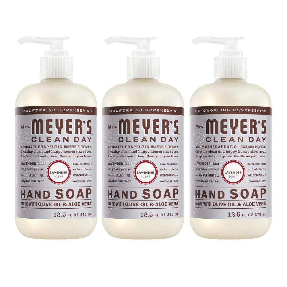 Mrs. Meyer's Clean Day Lavender hand soap bottle with soothing scent and moisturizing feel.