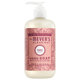 Mrs. Meyer's Clean Day Rose Hand Soap bottle on sink shows gentle cleansing for daily hands