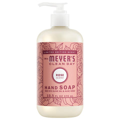 Mrs. Meyer's Clean Day Rose Hand Soap bottle on sink shows gentle cleansing for daily hands