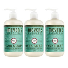 Jabón para manos Mrs. Meyer's Clean Day albahaca, vertido para lavado diario.