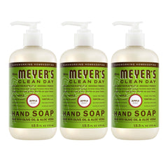 Jabón de manos Mrs. Meyer's Clean Day Manzana frontal de botella, aroma fresco para lavado diario.