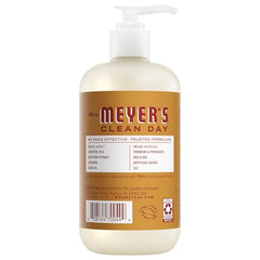 MRS. MEYER'S CLEAN DAY Jabón de manos frente a etiqueta resalta ingredientes suaves.