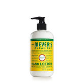Loción de manos Mrs. Meyer's Clean Day Honeysuckle en botella, hidratación rápida sin grasa.
