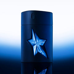 Mugler A*Men bottle etched label conveying rugged masculine character.
