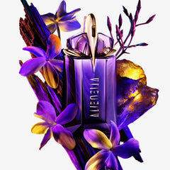 Mugler Alien bottle side view showcases elegant glow for evening wear.