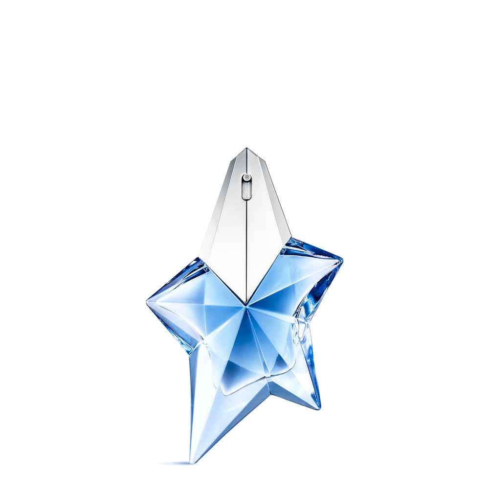 Mugler Angel bottle front showcases iconic star and elegant silhouette for daily luxury.