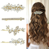 Mulzile leaf rhinestone hair clip in gold catches light for a bridal glow.