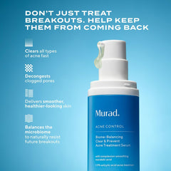 Murad Biome-Balancing Acne Serum label closeup highlights clean, clear ingredients.
