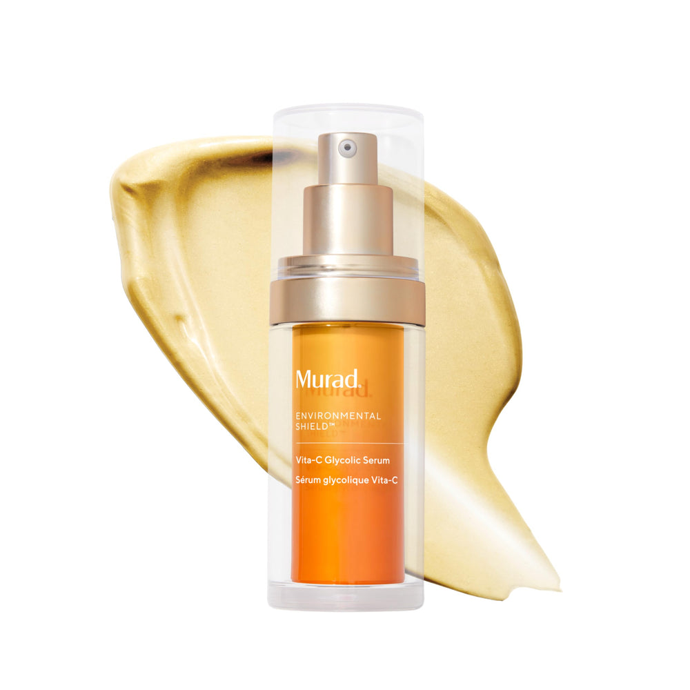 Murad Vita-C Glycolic Serum bottle highlights brightening formula for radiant skin.
