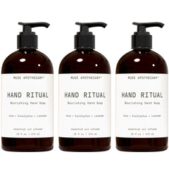 Muse Apothecary Hand Ritual bottle pour highlights a nourishing cleansing formula for daily use.