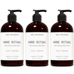 Muse Apothecary Hand Ritual pump bottle delivering rich foamy lather for hydrated hands.