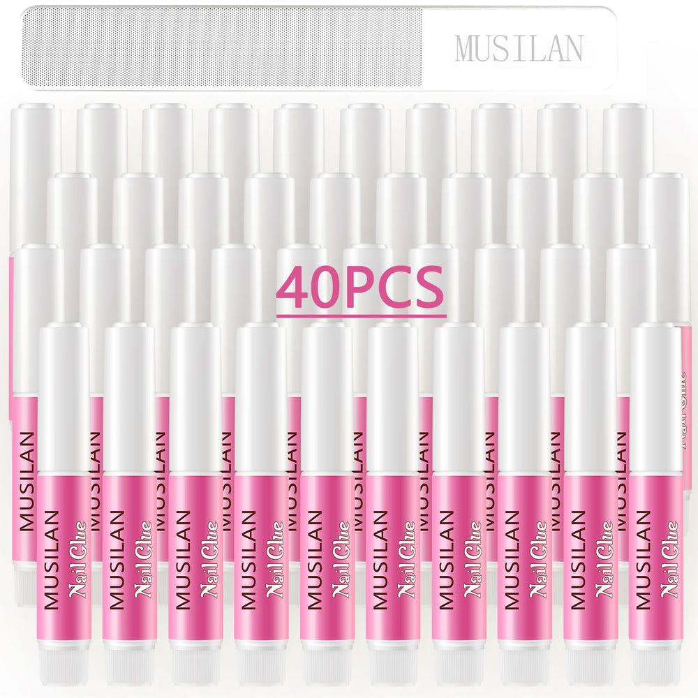 MUSILAN Nail Glue bottle demonstrating fast-drying action for secure nail tips.