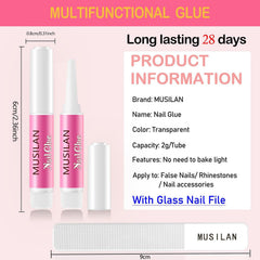 MUSILAN Nail Glue tube close-up showing precise application for strong bonding.