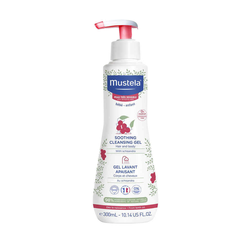 Mustela Baby Soothing Cleansing Gel, bote frontal, limpieza suave para piel sensible.