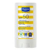 Barra solar mineral Mustela sobre cara y cuerpo, protección suave para piel sensible.