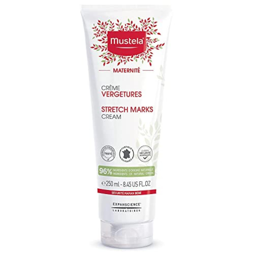 Mustela Stretch Marks Cream jar closeup showing luxurious texture and hydration for pregnancy skin