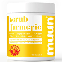Muun Turmeric Scrub: botella del exfoliante para piel suave.