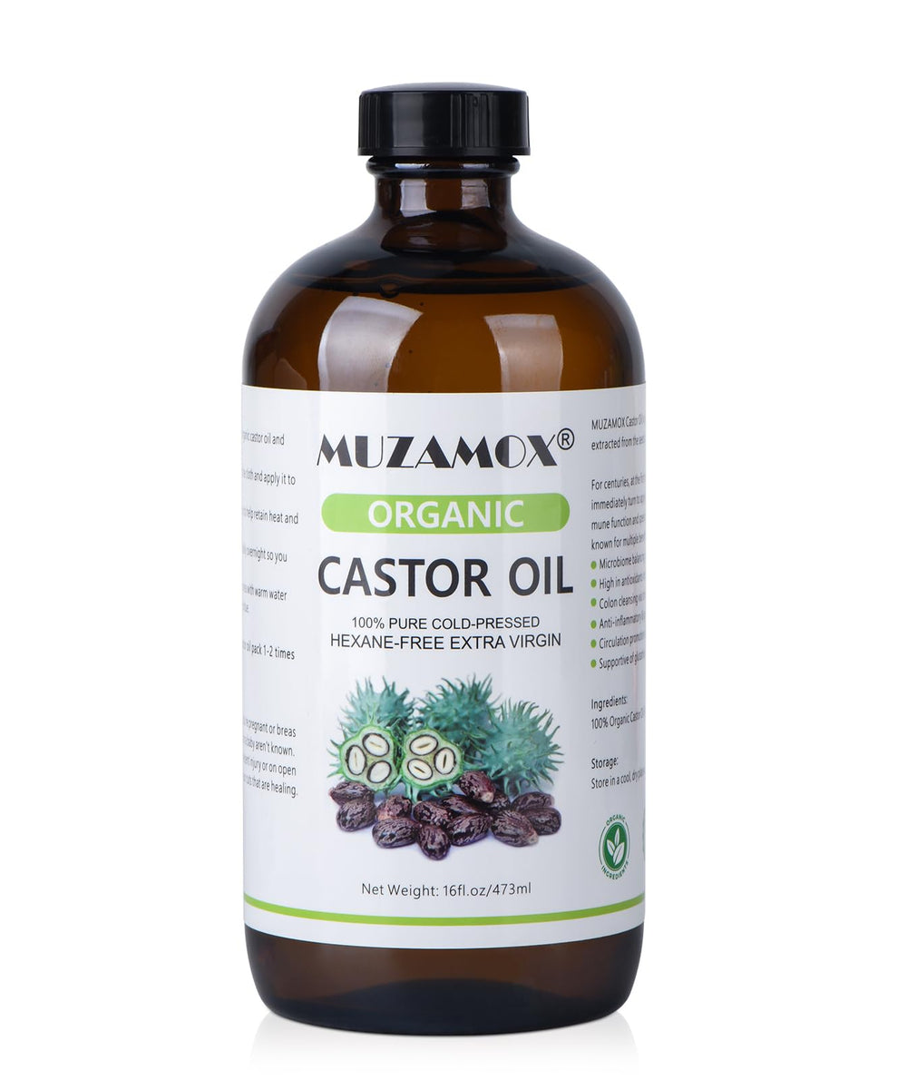 MUZAMOX castor oil in amber glass bottle preserves purity for skin and hair care.