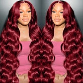 MUZOJET 99J Burgundy lace front wig with 26 inch length for natural parting.