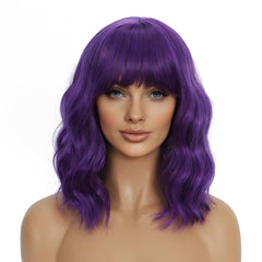 Mxayhnajxl dark purple wig with bangs front view showing soft, heat-resistant fibers for daily wear