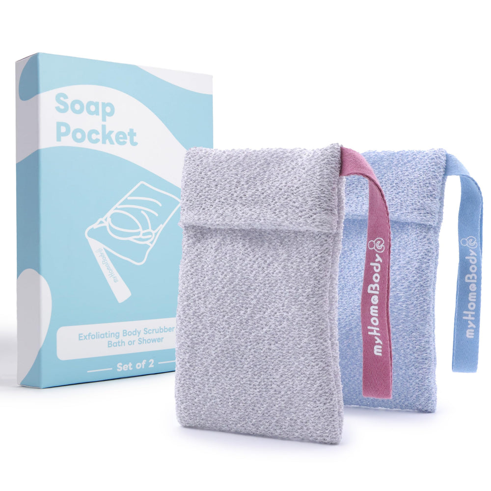 myHomeBody bolsa-jabon-malla-azul-gris: exfolia suavemente y genera espuma abundante para la ducha.
