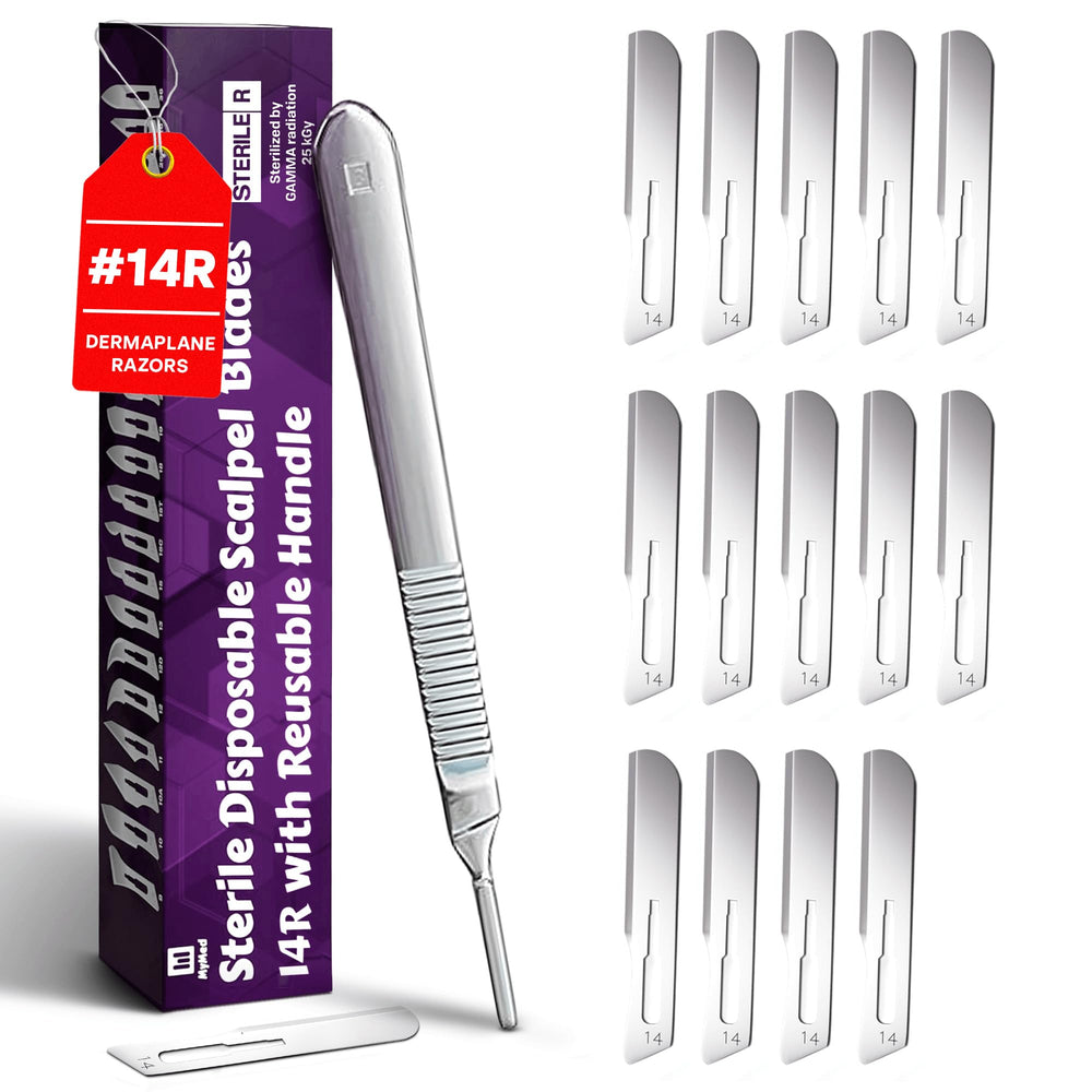 MyMed dermaplane 14R blade close-up for precise peach fuzz removal.