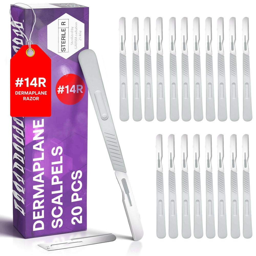 MyMed disposable 14R dermaplaning razors pack 20 for at-home skin smoothing.