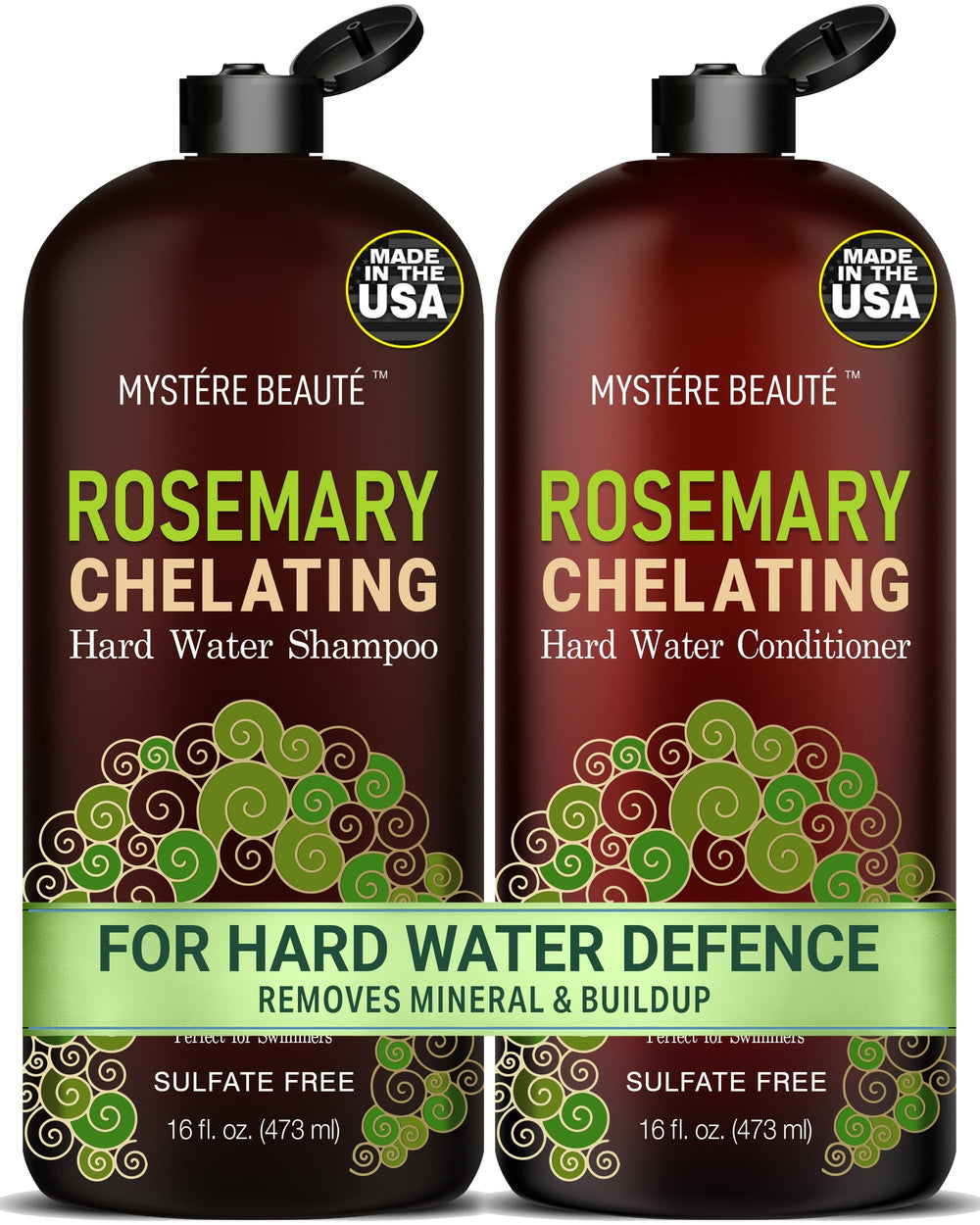 MYSTÉRE BEAUTÉ Rosemary Chelating Shampoo bottle front highlights mineral removal for clearer hair